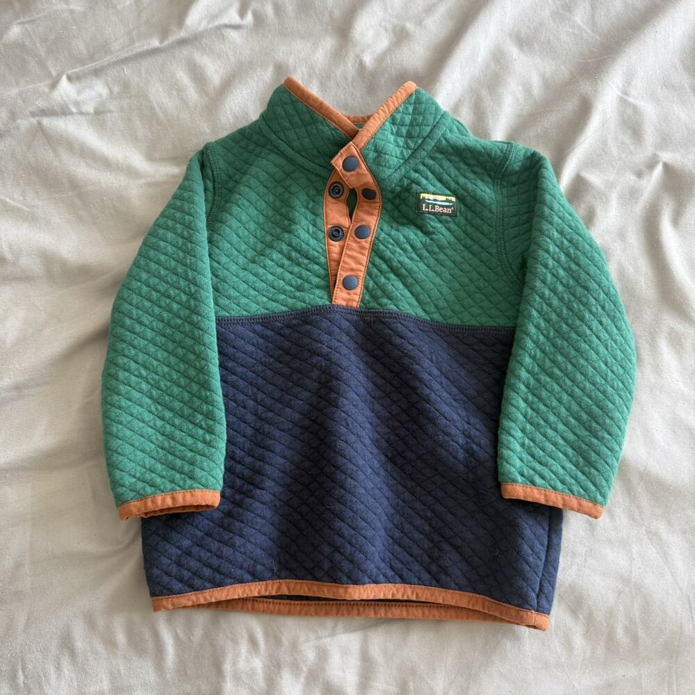 L.L.Bean Toddler 12-18M Quilted Quarter-Snap Pullover Green Navy Blue Preppy